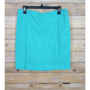 Ann Taylor Skirt Petite 12P Teal Aqua Blue Pencil Eyelet